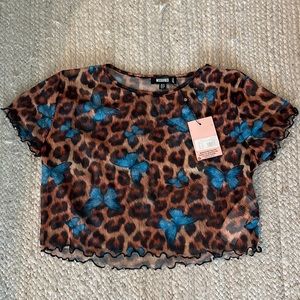 Missguided Leopard butterfly mesh lettuce hem crop top